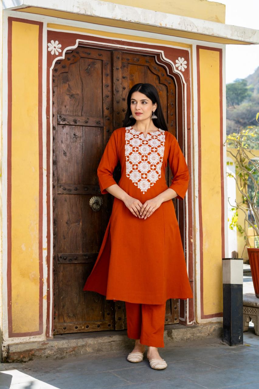 Pretty cotton embroidery kurta pant in rust