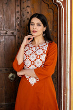 Pretty cotton embroidery kurta pant in rust