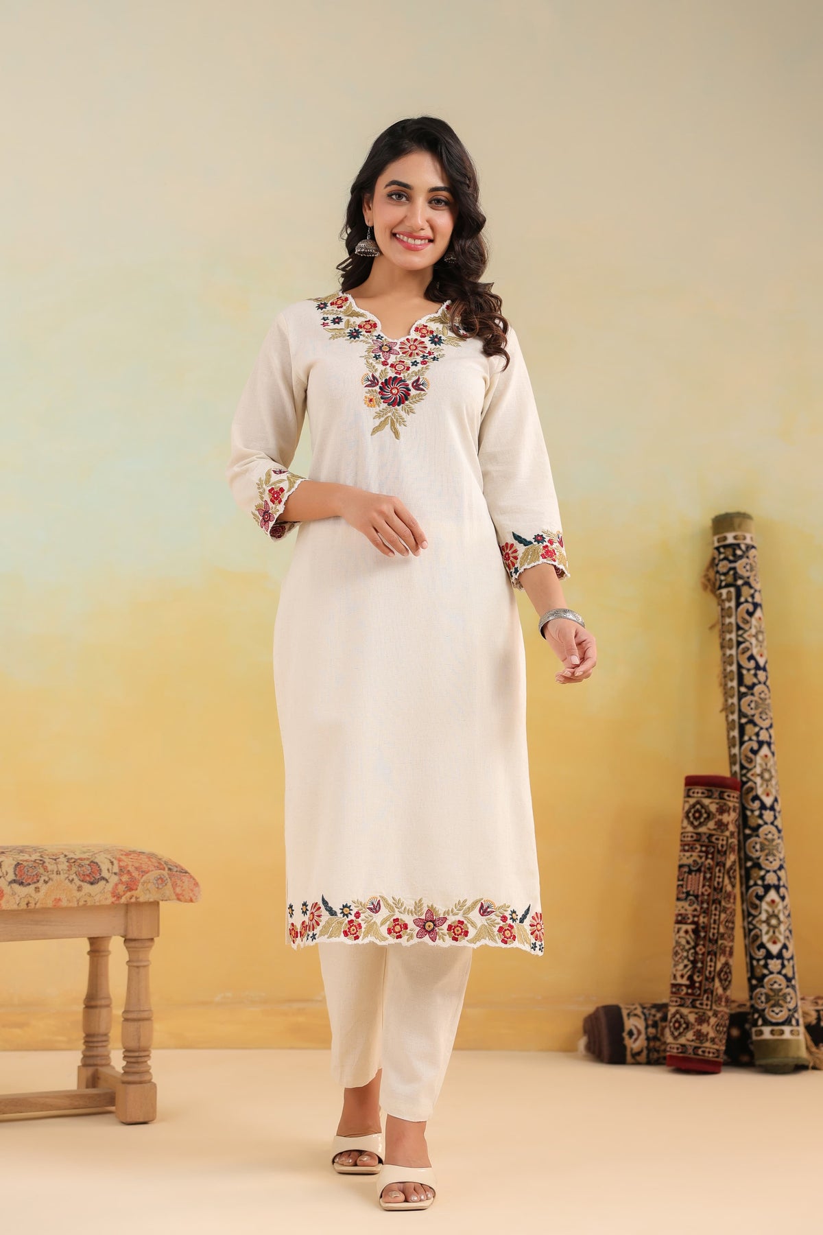 Pure cotton v neck embroidered kurta pant