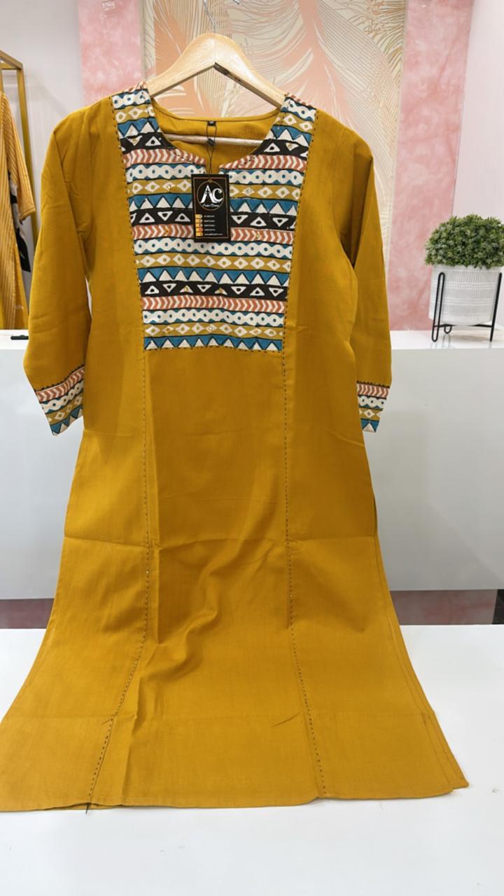 Yellow appliqué cotton kurta