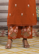 Pure cotton embroidered kurta pant in rust