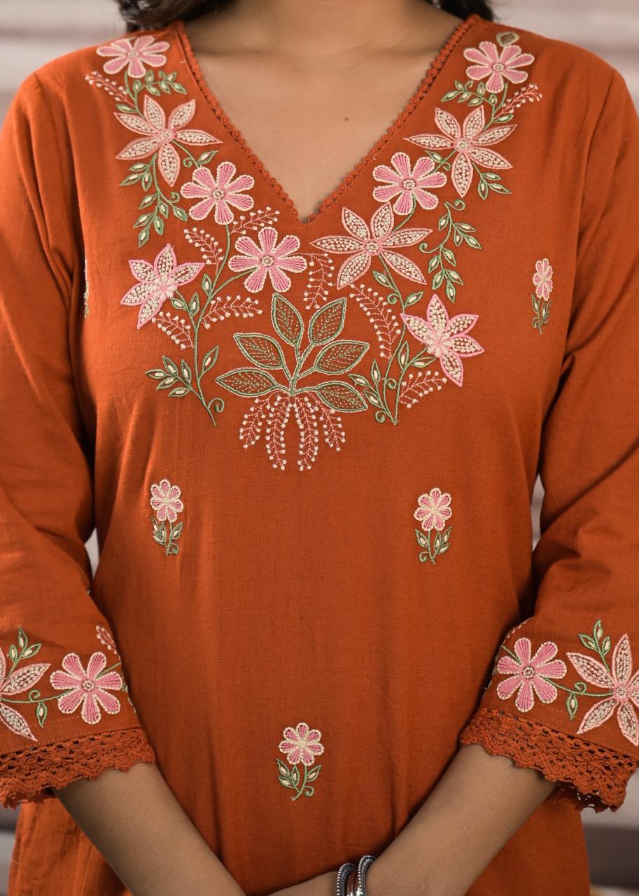 Pure cotton embroidered kurta pant in rust