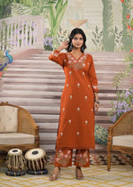 Pure cotton embroidered kurta pant in rust