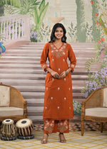 Pure cotton embroidered kurta pant in rust