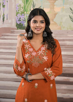 Pure cotton embroidered kurta pant in rust