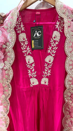 Festive appropriate muslin V neck zari embroidered suit set paired with organza dupatta