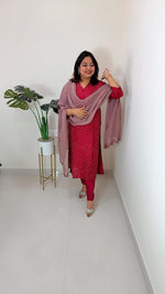 Heavy dola silk githan work kurta lang paired with organza dupatta in red