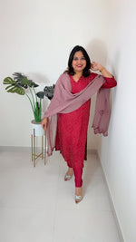 Heavy dola silk githan work kurta lang paired with organza dupatta in red