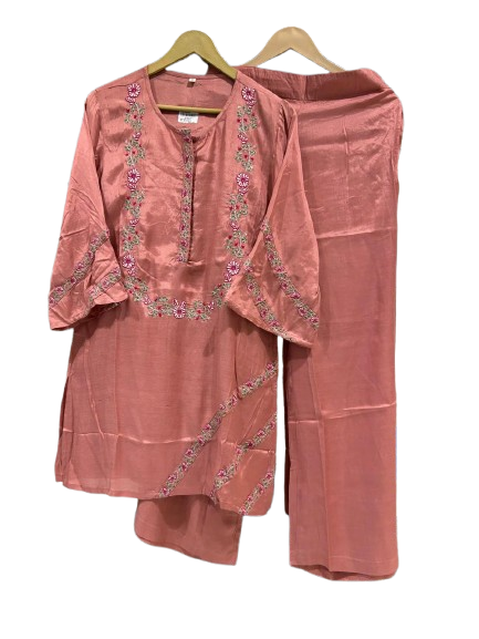 Pretty muslin silk embroidered co ord set in peach