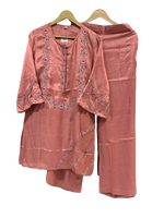 Pretty muslin silk embroidered co ord set in peach