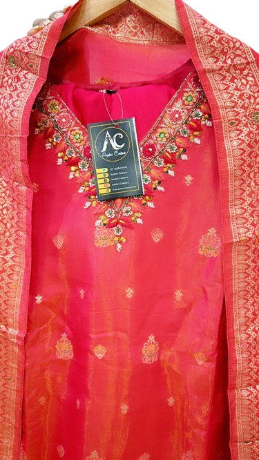 Pretty shimmer tissue Zari weaved lining suit set