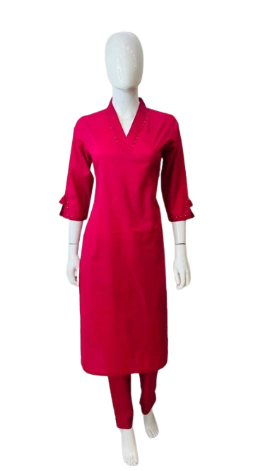 Pure cotton V neck kurta pant in pink