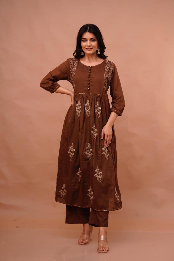 Pure mul cotton embroidered lining suit set