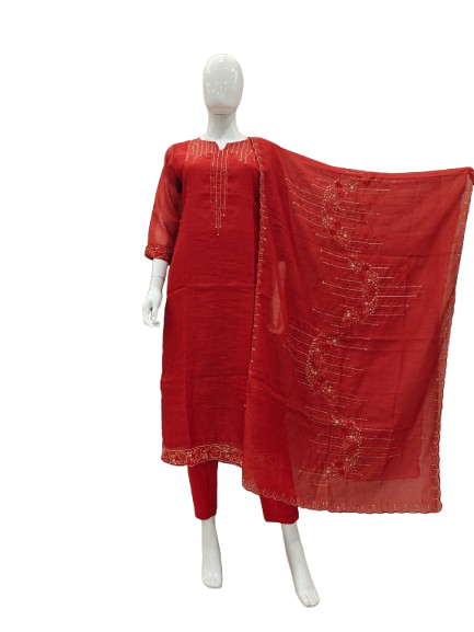 Pure linen cotton katha work suit set