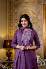 Cotton fully embroidered full suit set in purple