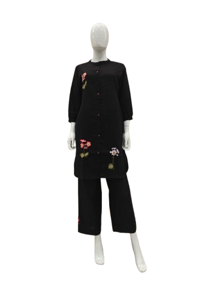 Applique work cotton co ord in black