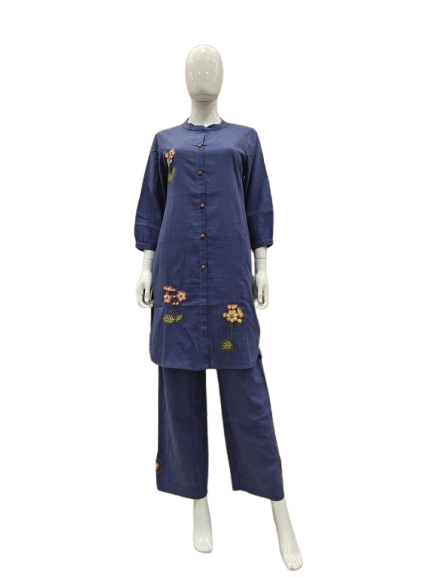 Applique work cotton co ord in blue