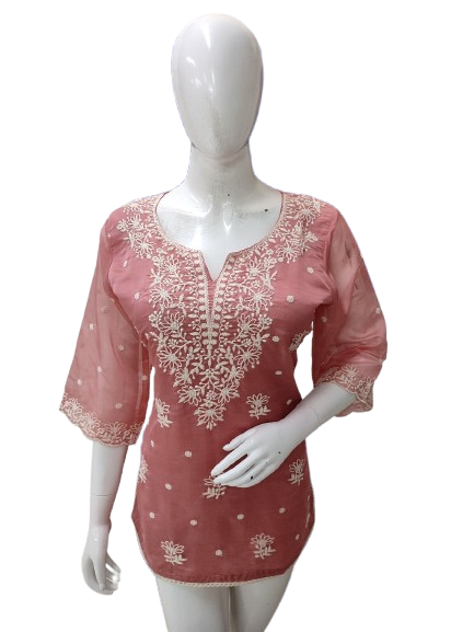 Pretty orgenza chikankari short top in peach