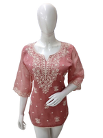 Pretty orgenza chikankari short top in peach