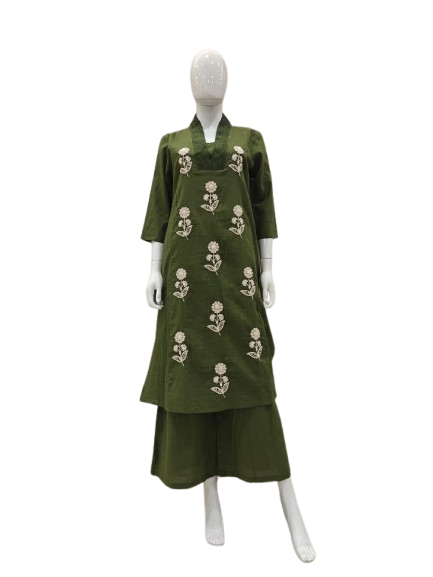 Embroidered stylish kurta pant set in green