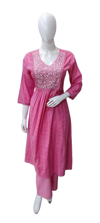 Jacquard cotton embroidery kurta pant in pink