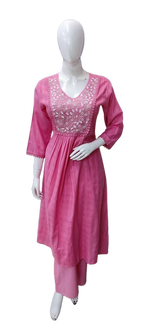 Jacquard cotton embroidery kurta pant in pink