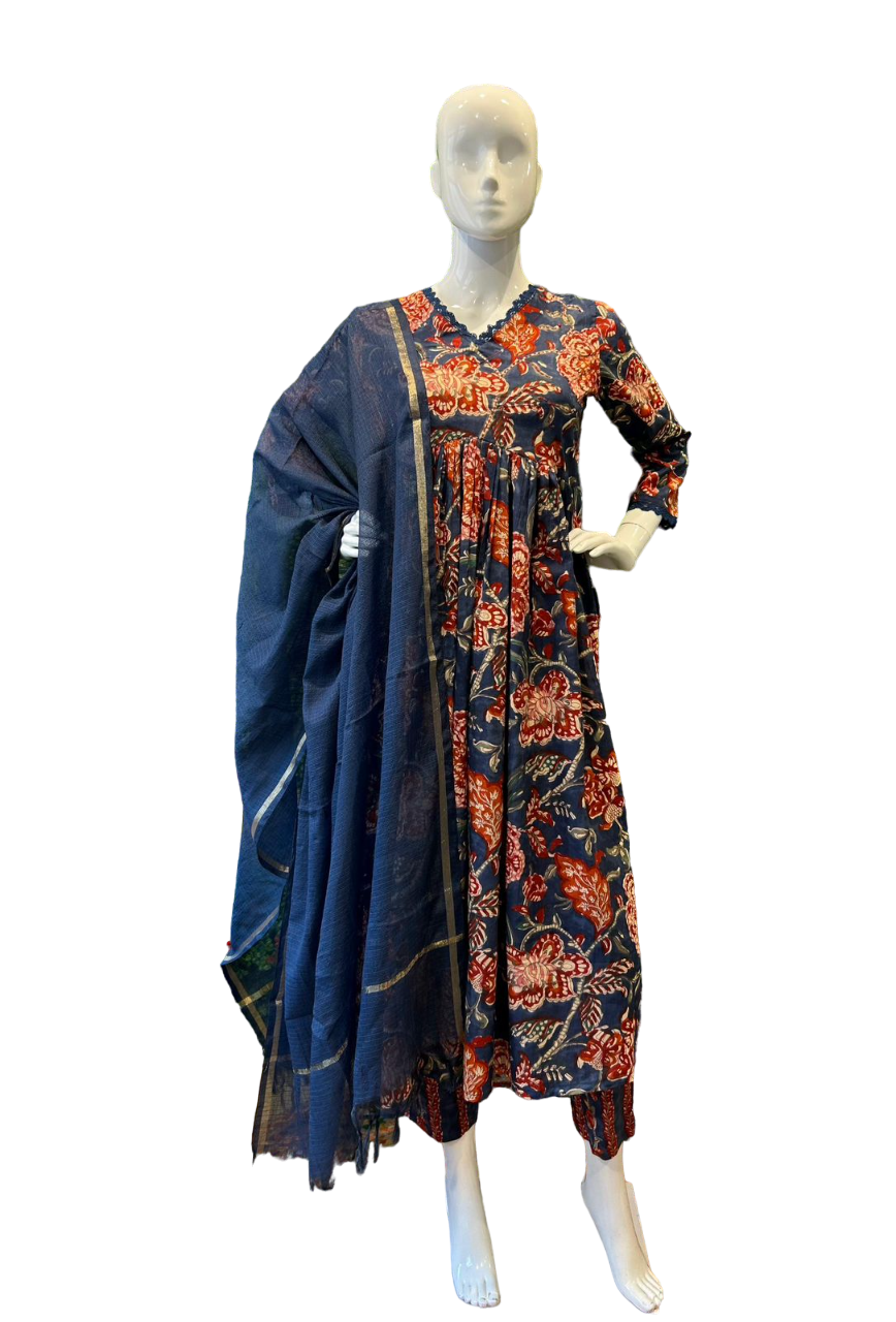 Premium cotton alia cut suit set paired with Kota Doria dupatta n cushion tussels