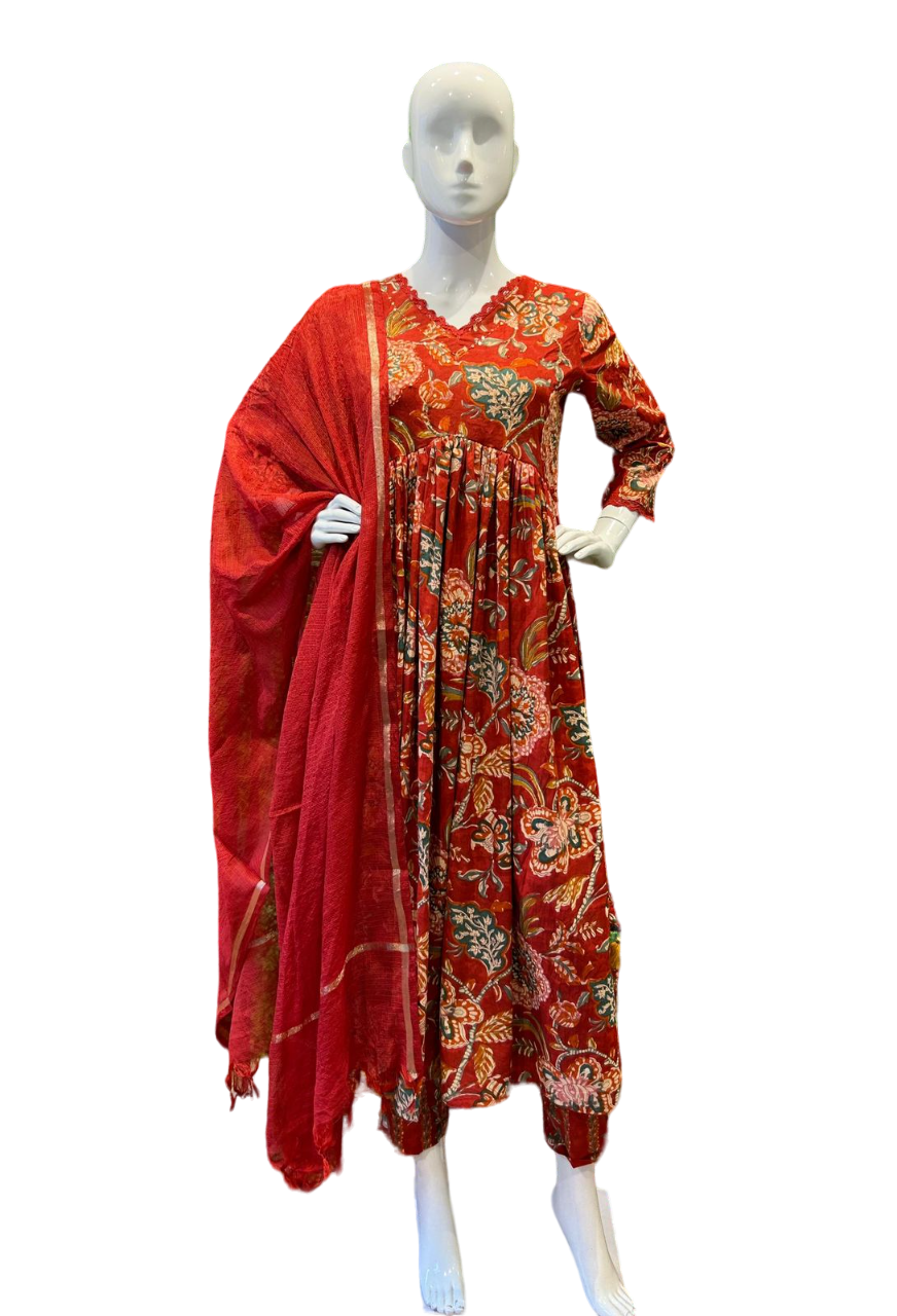 Premium cotton alia cut suit set paired with Kota Doria dupatta n cushion tussels