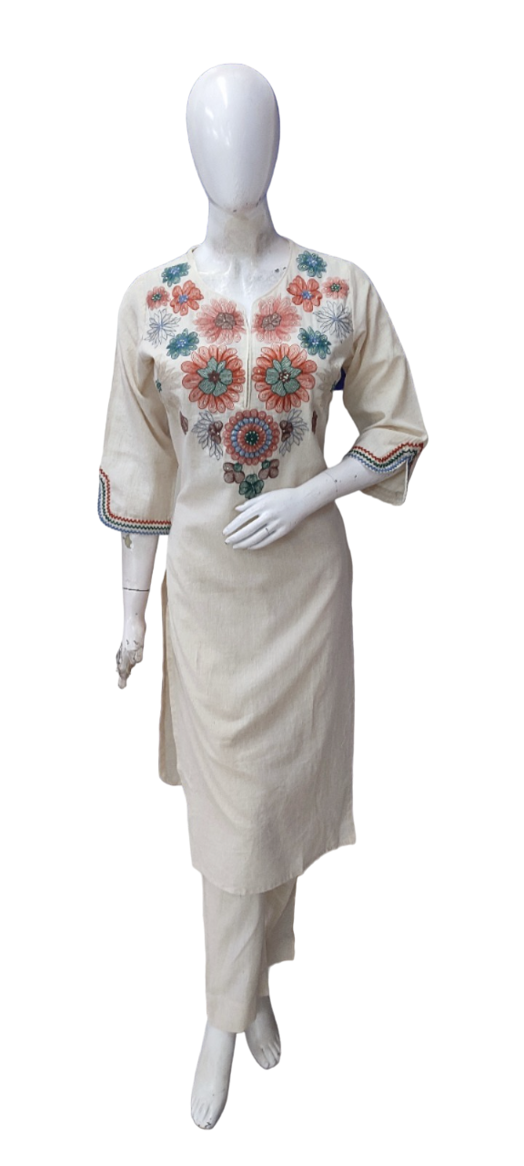 Flex cotton embroidered kurta pant with detailing on hand