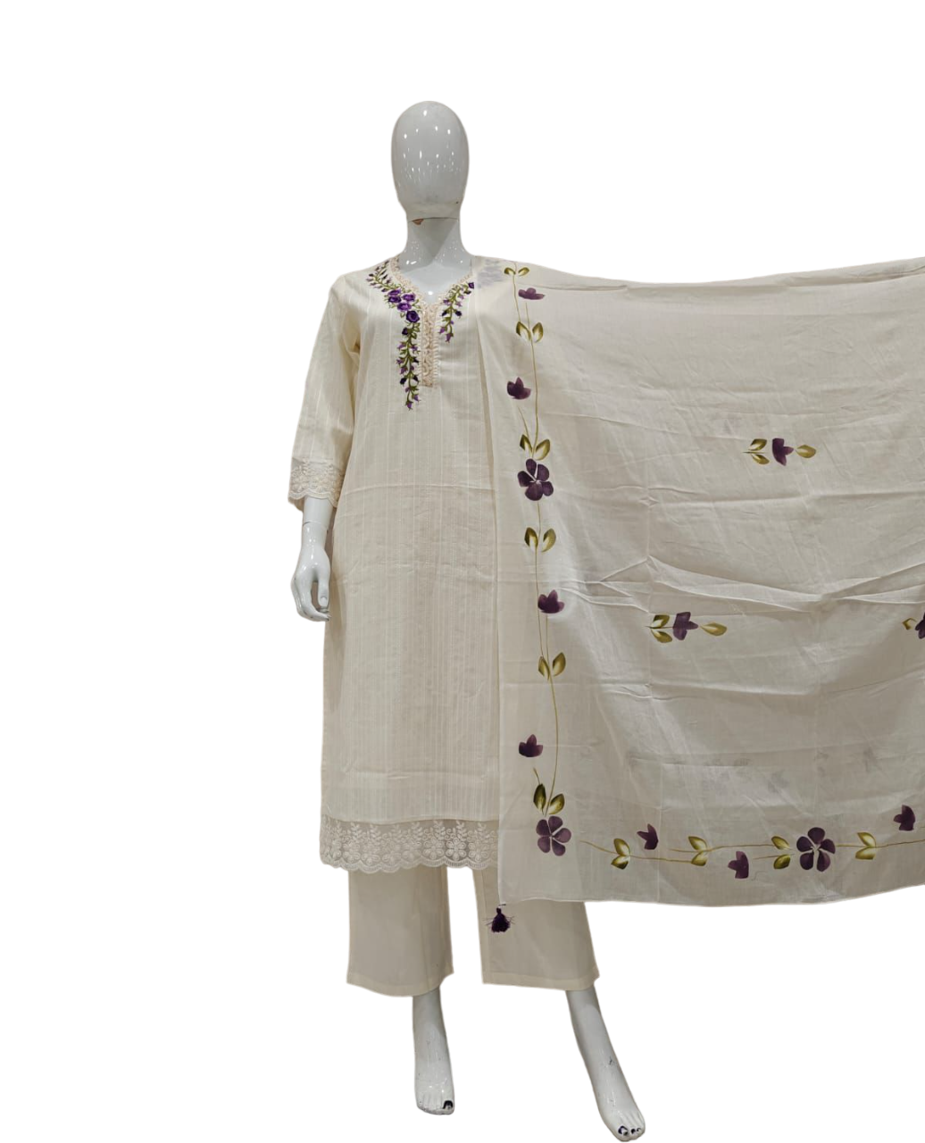 Premium embroidered cotton suit paired with brush painted dupatta