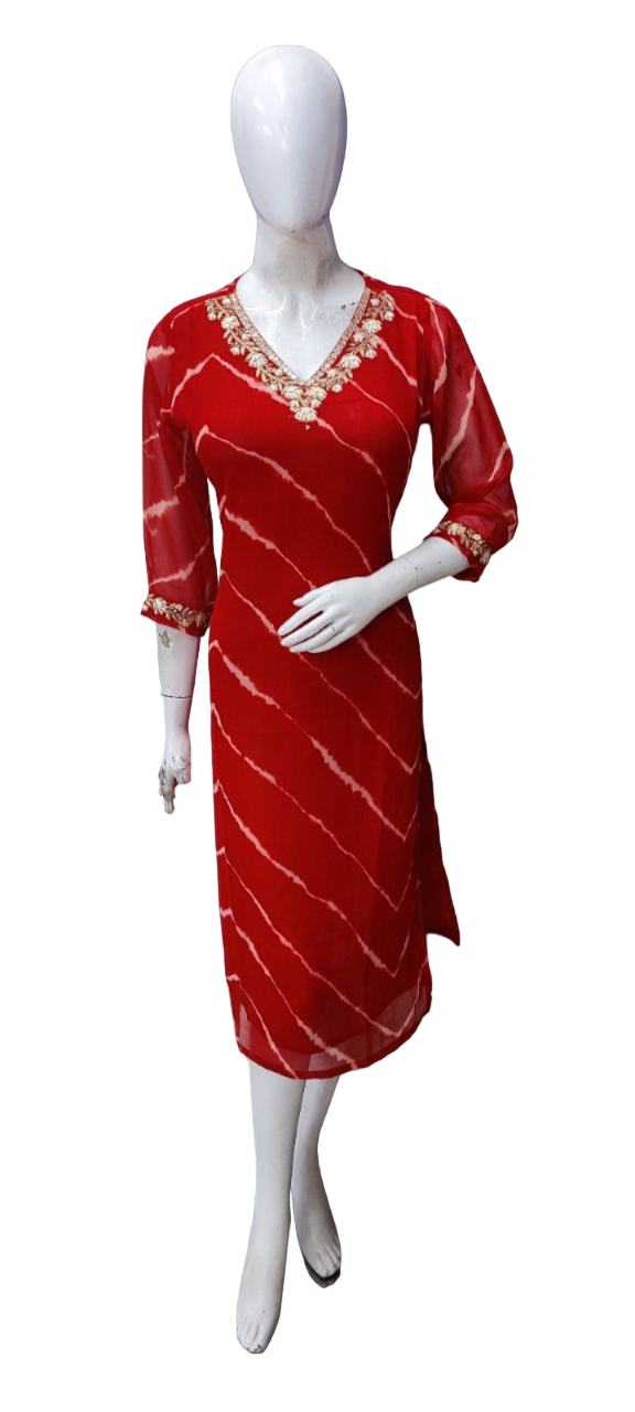 Georgette lining kurta in V neck with detailing on neck and hand