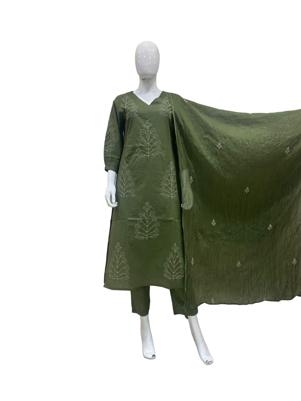 Premium pure cotton embroidered suit set paired with Mul cotton embroidery dupatta in green