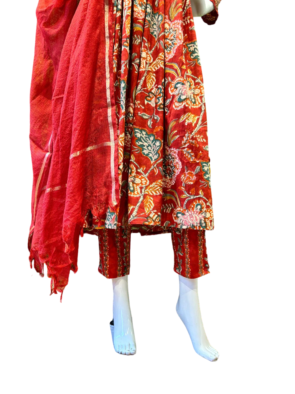 Premium cotton alia cut suit set paired with Kota Doria dupatta n cushion tussels