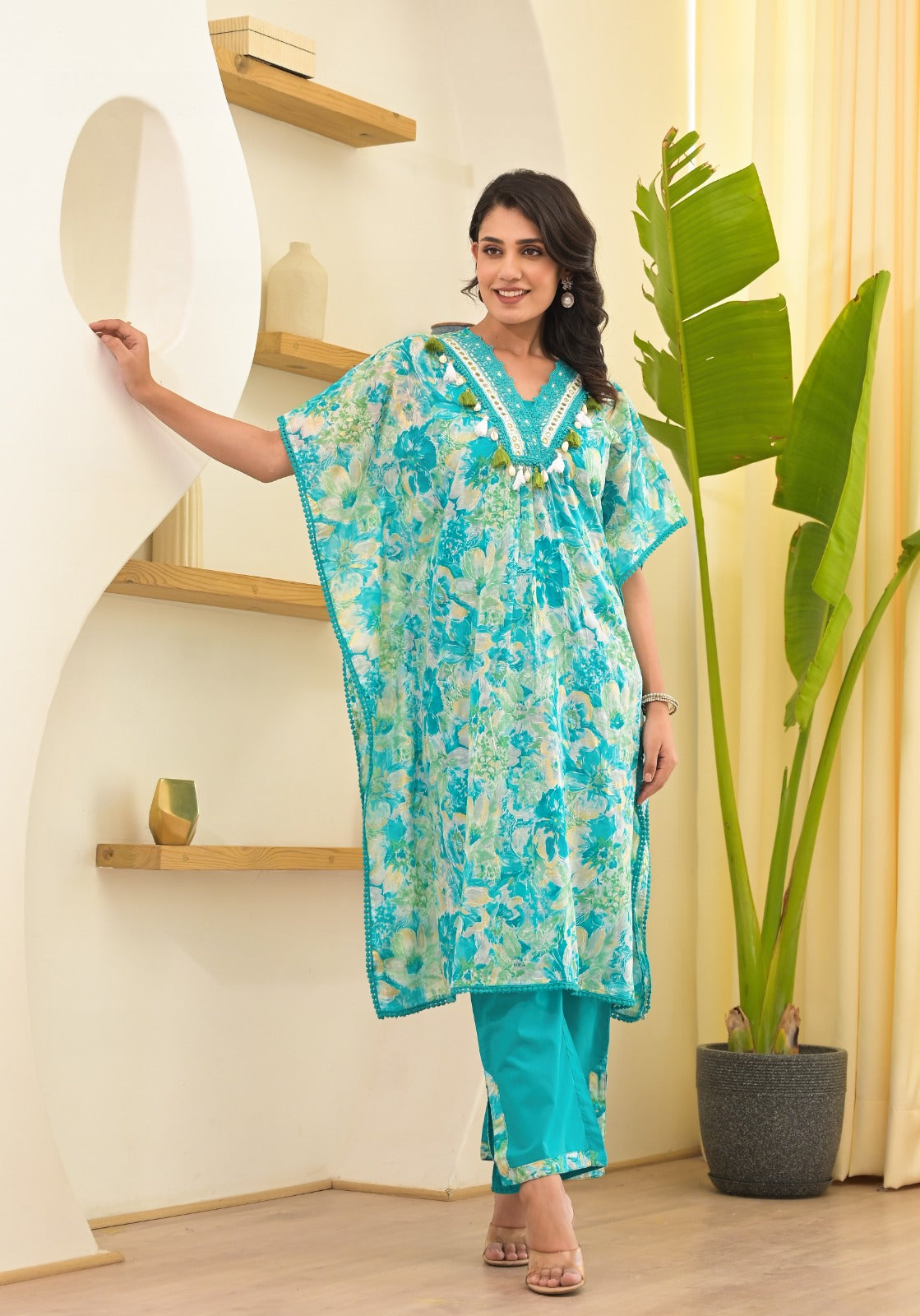 Beautiful V neck embellished digital kaftan set -