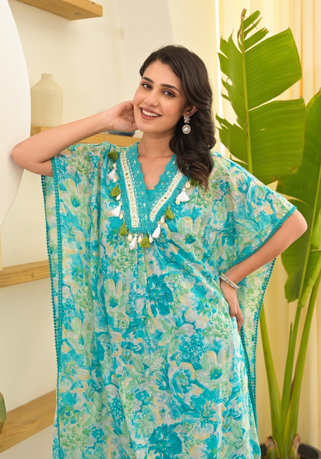 Beautiful V neck embellished digital kaftan set -